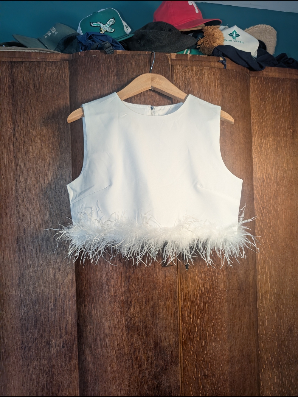 White Feather Trim Sleeveless Crop Top | Bridal | Bachelorette | Party Top M